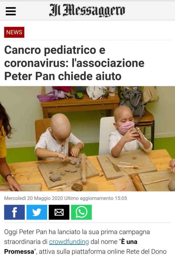 Emergenza Coronavirus a Peter Pan il crowdfunding sul Messaggero