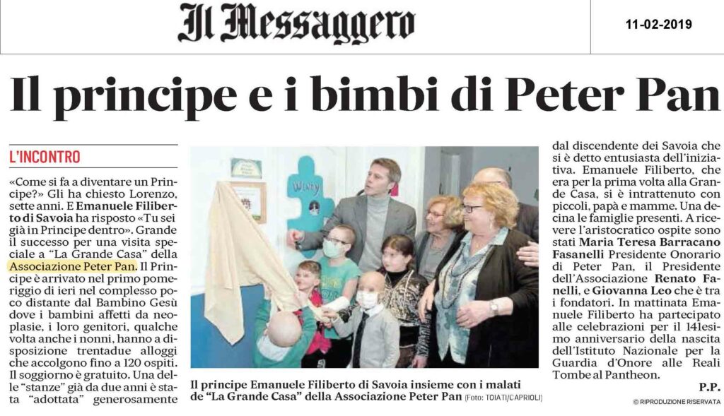 Emanuele Filiberto in visita a Peter Pan articolo del Messaggero