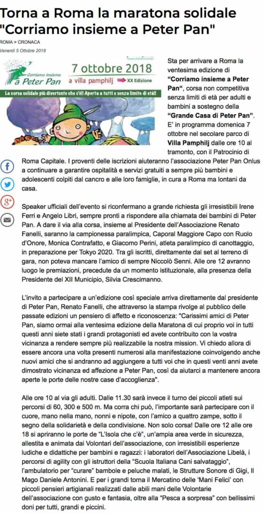 Articolo del Messaggero di Roma su evento maratona di Peter Pan