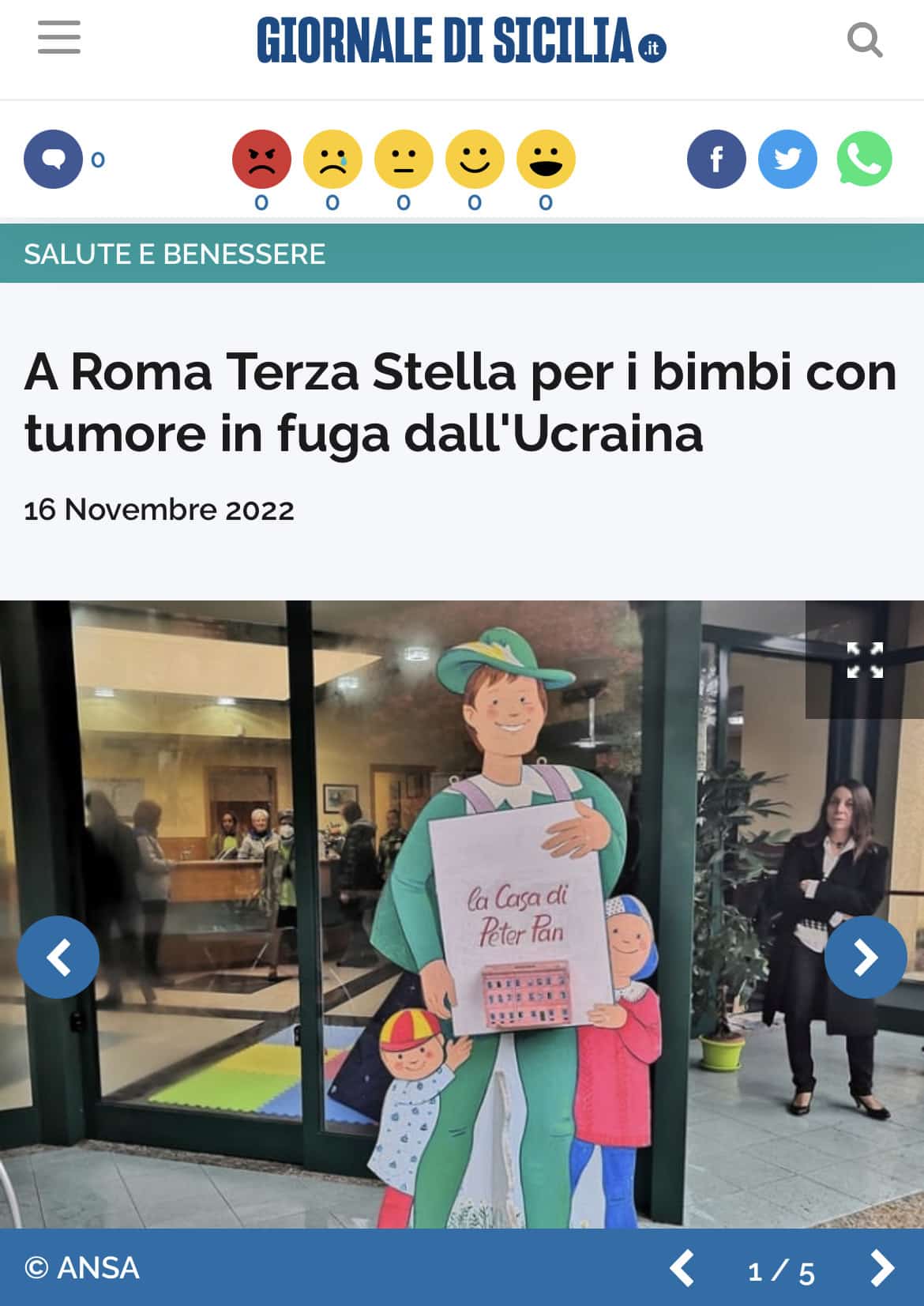 A Roma Terza Stella per i bimbi con tumore in fuga dall'Ucraina: Giornale  di Sicilia 16 novembre 2022 - Peter Pan ODV Roma